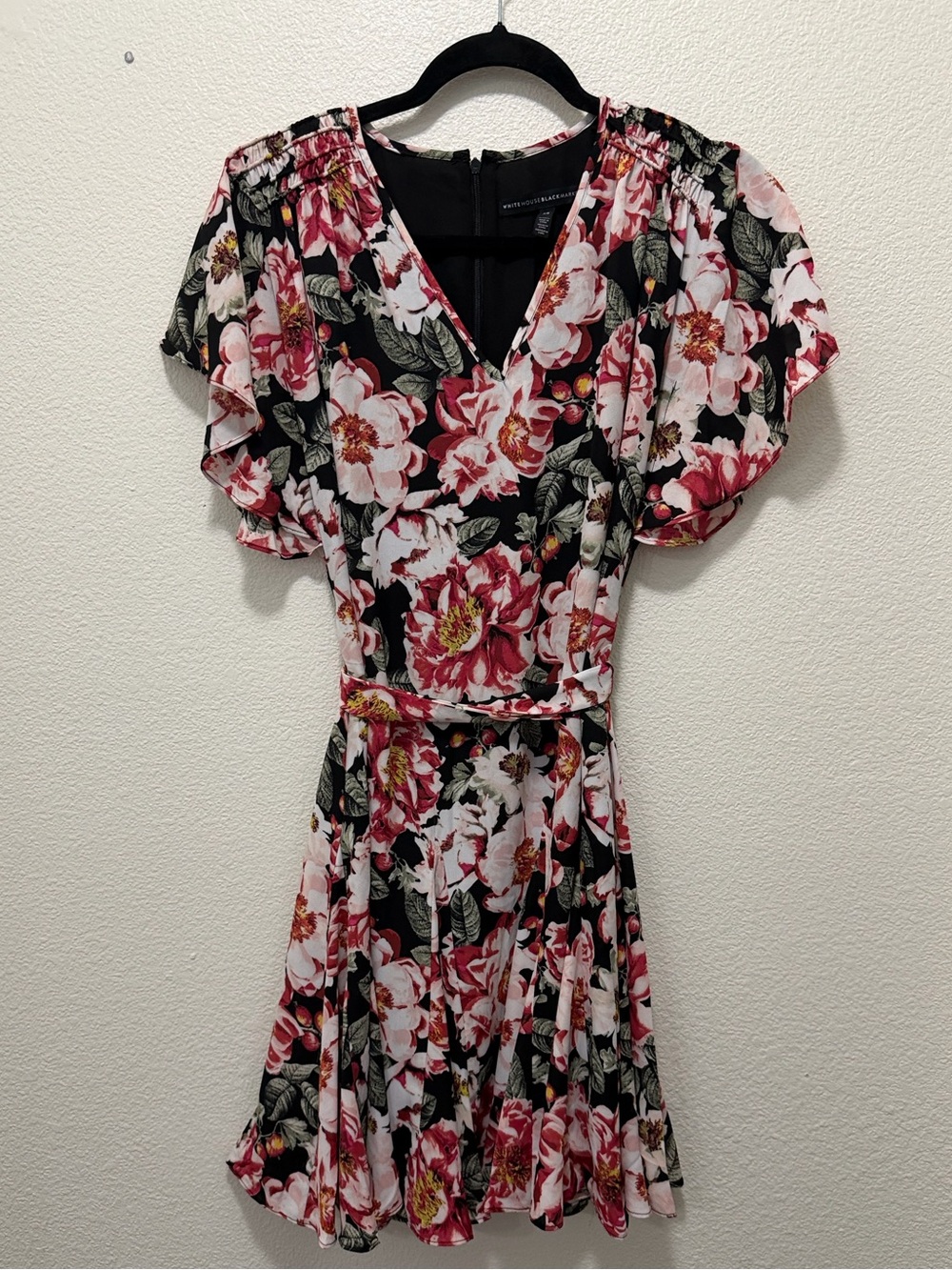 White House Black Market black pink floral lined dress, size XS